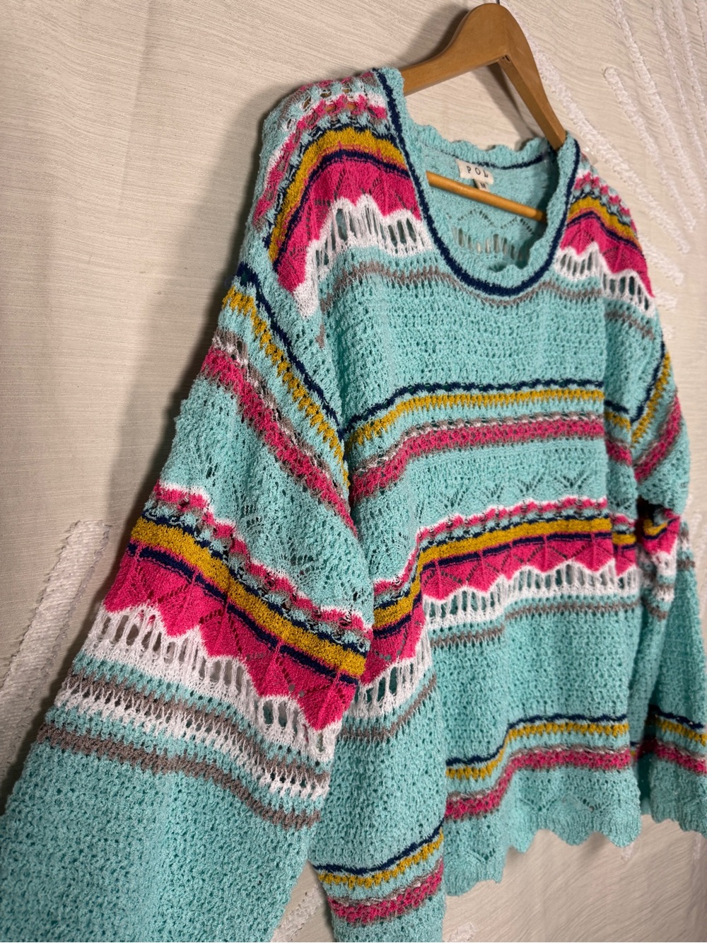 POL Women’s Medium Aqua Open Knit Striped Boho Sweater - Picture 3 of 8